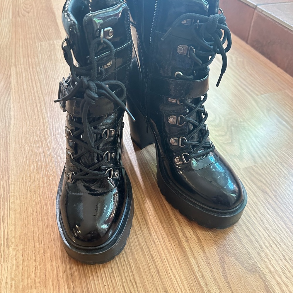 Guess Black Combat Moto Boots with Glossy Finish